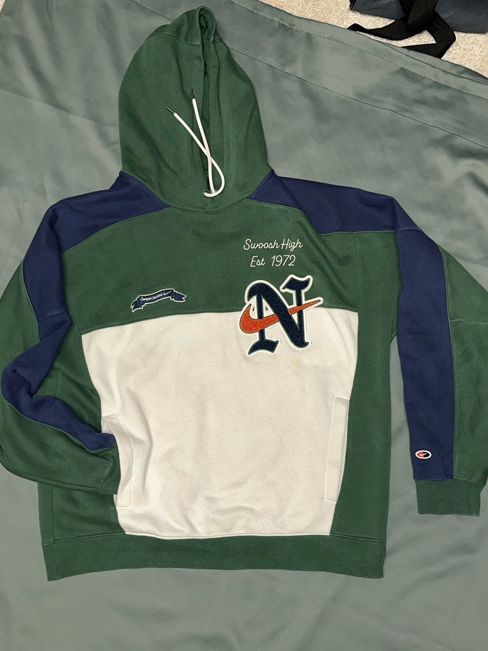 Nike Men's Green, White & Navy Colorblock Hoodie with Embroidered Logo